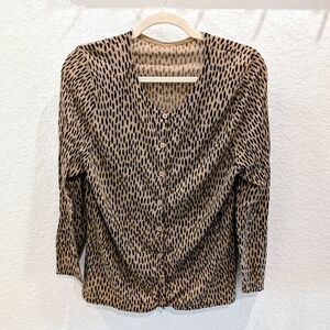 Garnet Hill Merino Wool Brown and Black Patterned 3/4 Sleeve Cardigan